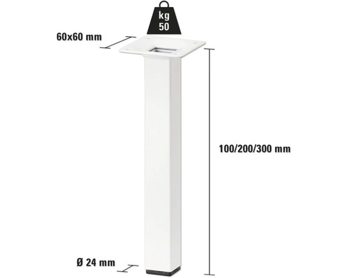 Produktdiagramm eines Tischbeins mit den Maßen 60 x 60 mm, Durchmesser 24 mm, Höhe 100, 200 oder 300 mm und einer Tragkraft von 50 Kilogramm.