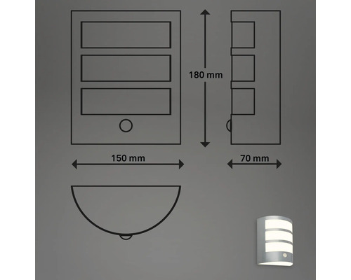 Technische Zeichnung einer Wandleuchte mit den Maßen 180 mm Höhe, 150 mm Breite und 70 mm Tiefe.