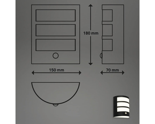 Schéma technique d''un luminaire extérieur avec des dimensions de 180 mm de hauteur, 150 mm de largeur et 70 mm de profondeur.