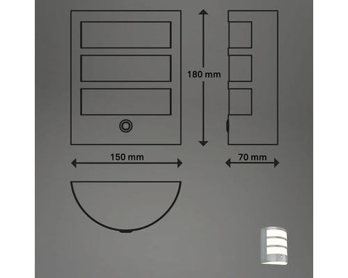 Masszeichnung einer Wandleuchte mit drei Leuchtflächen und den Massen 180 mm Höhe, 150 mm Breite und 70 mm Tiefe.
