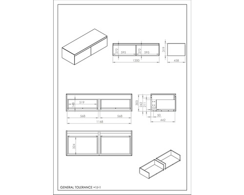 Dessin technique d''un meuble bas avec tiroirs, avec indications de dimensions