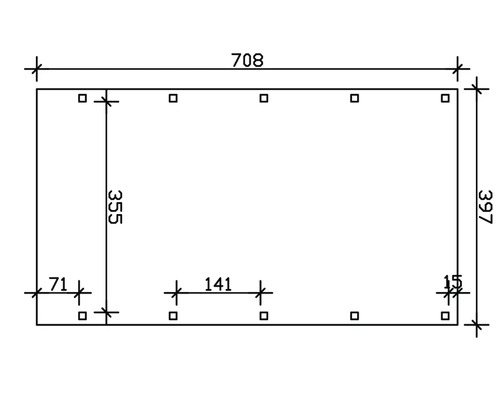 Dessin technique avec cotes : longueur 708, largeur 397, espacement des trous 141, hauteur 355 et 71.
