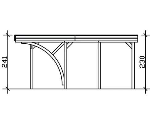 Image d''un abri de voiture avec des dimensions de 241 centimètres de hauteur sur le côté gauche et 230 centimètres de hauteur sur le côté droit.
