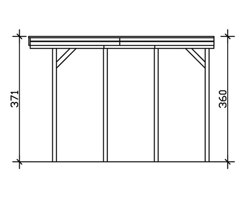 Technische Zeichnung eines Holzpavillons mit Maßangaben