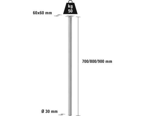 Illustration einer Metallstütze mit den Maßen 700, 800 oder 900 mm Höhe und 30 mm Durchmesser.