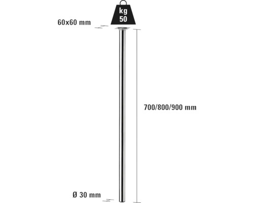 Produktdarstellung eines Tischbeins mit den Massangaben 60 x 60 Millimeter, 30 Millimeter Durchmesser und 700, 800 oder 900 Millimeter Länge.