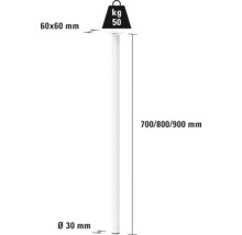 Produktdiagramm Stützfuß mit den Maßen 700, 800 und 900 Millimeter und einer Belastbarkeit von 50 Kilogramm