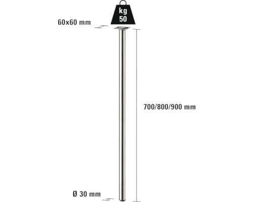 Technische Zeichnung eines Tischbeins mit den Maßen 60x60 mm für die Montageplatte, 30 mm Durchmesser und 700, 800 oder 900 mm Länge. Die maximale Belastbarkeit beträgt 50 kg.