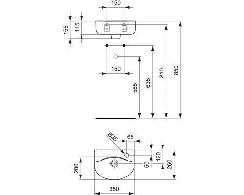 Technische Zeichnung eines Waschtisches mit Maßangaben