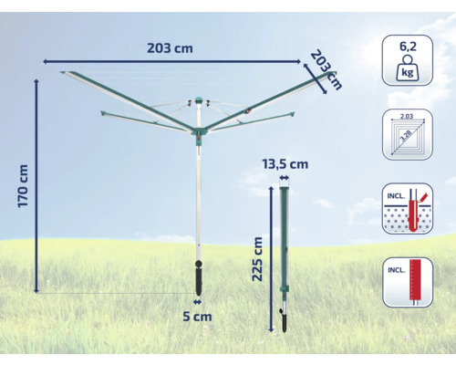 Technische Zeichnung eines Wäscheständers mit den Massen 203 cm, 170 cm, 225 cm, 13,5 cm und 5 cm. Das Gewicht beträgt 6,2 kg. Inklusive Bodenhülse.