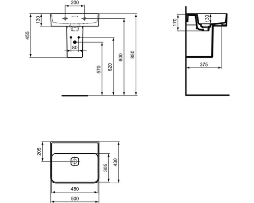 Schéma technique d''un lavabo avec indications de dimension