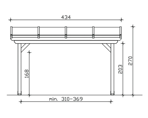 Dessin technique d''un abri de voiture avec les dimensions 434, 270, 203 et un minimum de 310 à 369