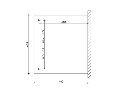 Dessin technique avec dimensions: 434 millimètres de hauteur, 400 millimètres de largeur, 355 millimètres de profondeur, hauteur minimale de 310 millimètres, hauteur maximale de 369 millimètres