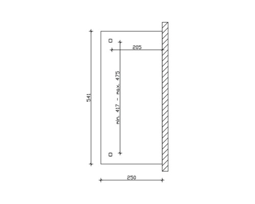 Dessin technique avec dimensions : hauteur 541, profondeur 250, distance de la suspension minimale 417 à maximale 475, distance au mur 205.