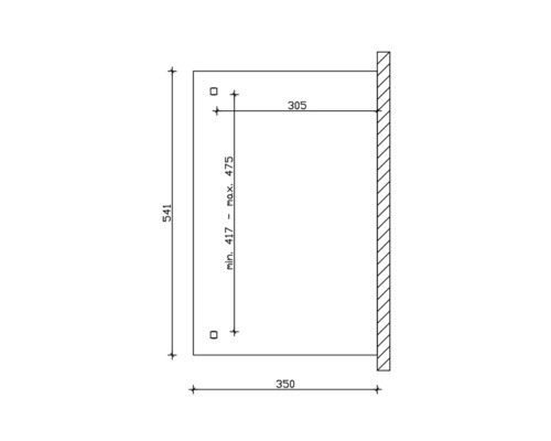 Dessin technique avec indications de dimensions : 541 millimètres, 350 millimètres, 305 millimètres, minimum 417 millimètres, maximum 475 millimètres.