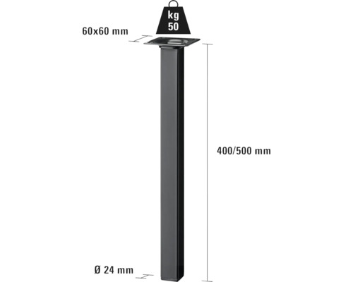 Tischbein aus Metall, Tragkraft 50 Kilogramm, Durchmesser 24 Millimeter, Höhe 400 bis 500 Millimeter