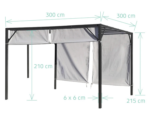 Pavillon aux dimensions 300 x 300 x 210 cm et dimensions détaillées supplémentaires