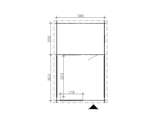Grundrisszeichnung eines Gartenhauses mit Massangaben