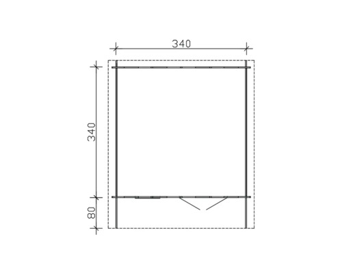 Dessin technique d''un abri de jardin avec les dimensions 340 x 340 x 80 cm.