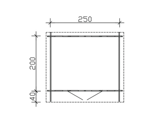 Technische Zeichnung eines Gartenhauses mit Maßen 250 mal 200 Zentimeter