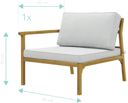 Gartenlounge Sessel mit Armlehne aus Holz mit Kissen und Massangaben