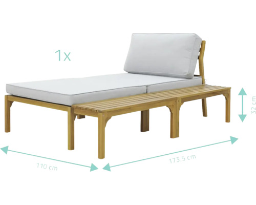 Gartenliege mit Fussbank aus Holz und Polsterung, Masse sind dargestellt
