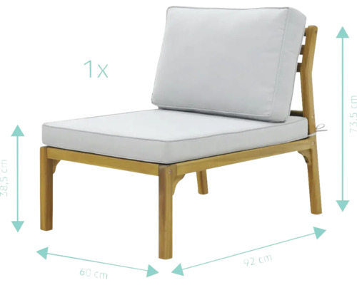 Gartensessel aus Holz mit Kissen und Maßangaben