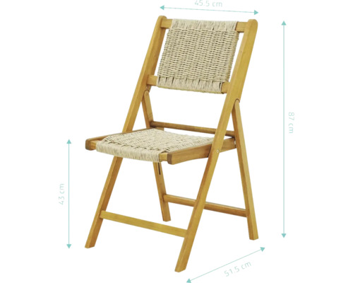 Holzklappstuhl mit geflochtener Sitzfläche und Rückenlehne, Masse sind dargestellt.