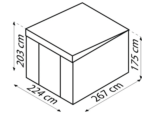 Dimensions d''un abri de jardin: 203 cm de hauteur, 224 cm de largeur, 267 cm de profondeur, 175 cm de hauteur latérale