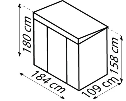Illustration d''un abri de jardin avec les dimensions suivantes : hauteur 180 cm, largeur 184 cm, hauteur latérale 158 cm, profondeur 109 cm.