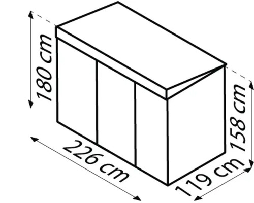 Schéma d''un abri de jardin avec les dimensions suivantes : 180 cm de hauteur, 226 cm de largeur et 119 cm de profondeur.