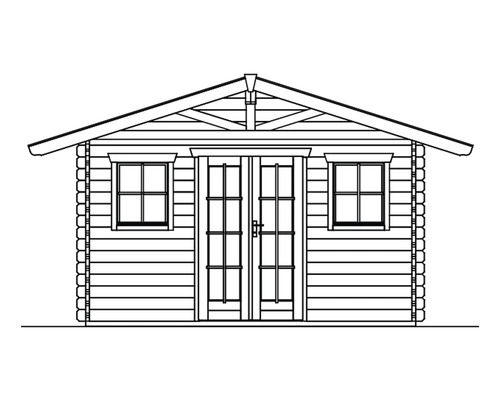 Illustration d''un abri de jardin avec une double porte et deux fenêtres.