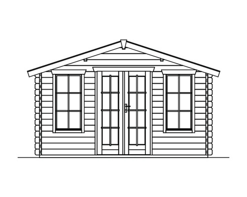 Zeichnung eines Gartenhauses mit Doppeltür und Fenstern