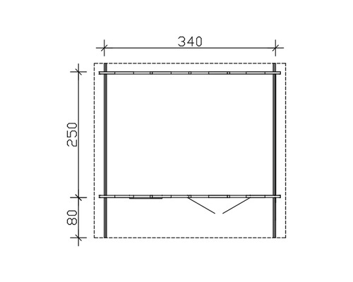 Schéma technique d''un abri de jardin mesurant 340 x 250 x 80 cm.