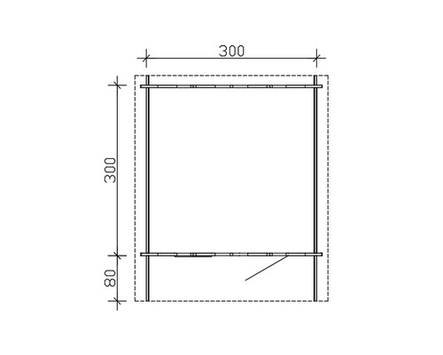 Technische Zeichnung eines Metallregals mit den Massen 300 x 300 x 80