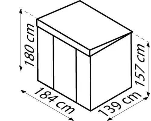 Représentation des dimensions d''une armoire de jardin : 184 cm de large, 139 cm de profondeur, 180 cm de haut et hauteur latérale de 157 cm.
