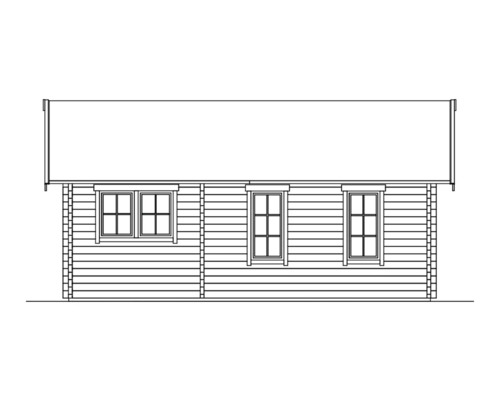 Vue d''une cabane de jardin avec trois fenêtres et un revêtement en bois horizontal