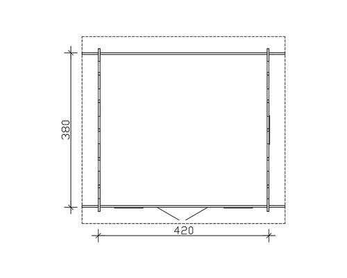 Plan d''une tonnelle de jardin avec des dimensions de 380 x 420 centimètres.