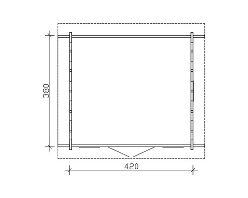 Plan d''un abri de jardin mesurant 420 centimètres sur 380 centimètres.