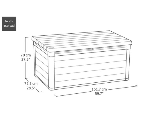 Image d''un coffre de jardin avec des dimensions de 70 cm de hauteur, 72,5 cm de profondeur et 151,7 cm de largeur