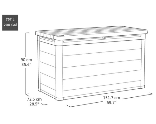 Image d''un coffre de jardin avec les dimensions suivantes : capacité de 757 litres, 90 centimètres de hauteur, 72,5 centimètres de profondeur et 151,7 centimètres de largeur.