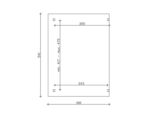 Dessin technique avec dimensions : 541 millimètres de hauteur, 400 millimètres de largeur, 417 millimètres minimum à 475 millimètres maximum de profondeur, 355 millimètres en haut, 343 millimètres en bas.