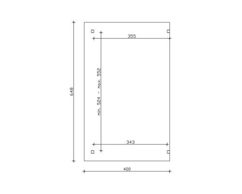 Schéma technique avec dimensions d''un produit, dimensions : 648, 355, 343, 400, minimum 524, maximum 552