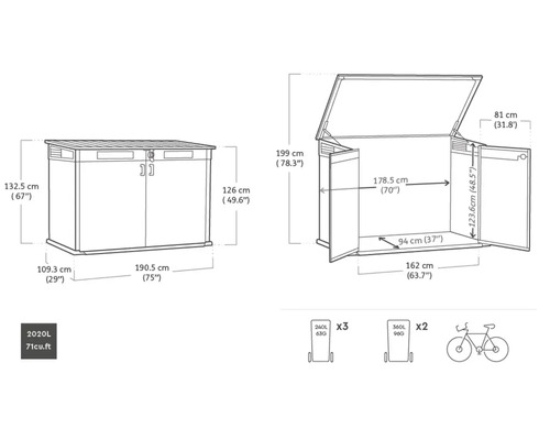 Abbildung mit Massangaben zur Keter StoreBox Aufbewahrungsbox
