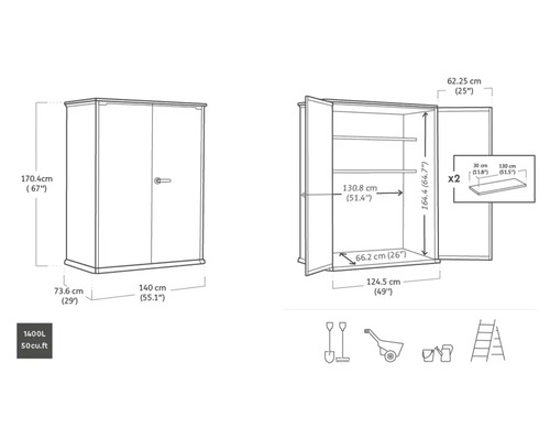 Schéma technique d''une armoire à outils avec indications de taille