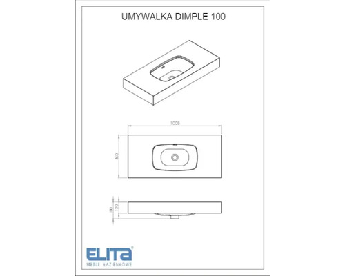 Zeichnung eines Waschtischs Dimple 100 mit Maßangaben