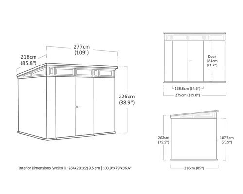 Dessin technique d''une cabane de jardin avec dimensions