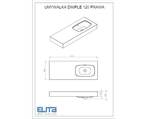Technische Zeichnung eines Waschtischs mit den Maßen 1210 x 460 x 180 mm.