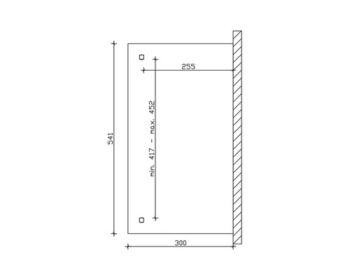 Dessin technique avec les dimensions d''un produit. Hauteur 541, largeur 300, hauteur de montage minimale 417, hauteur de montage maximale 452, profondeur 255.