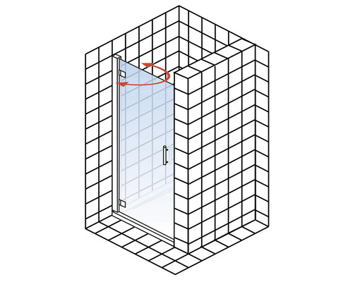 Skizze einer Duschkabine mit Schwingtür aus Glas